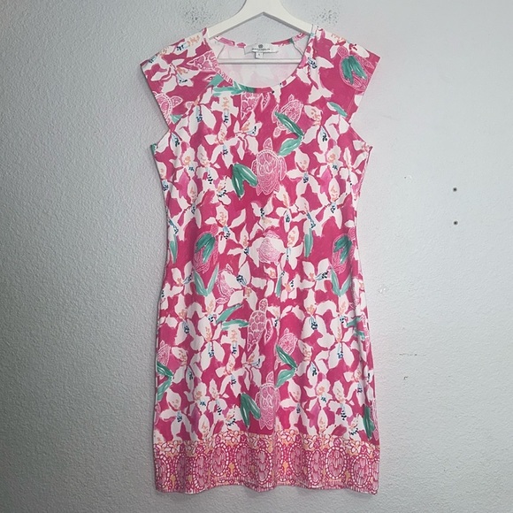 Jean Pierre Klifa Lily Dress L | Pink Turtle Print Jasmine Cove Shift Stretchy - Picture 3 of 13
